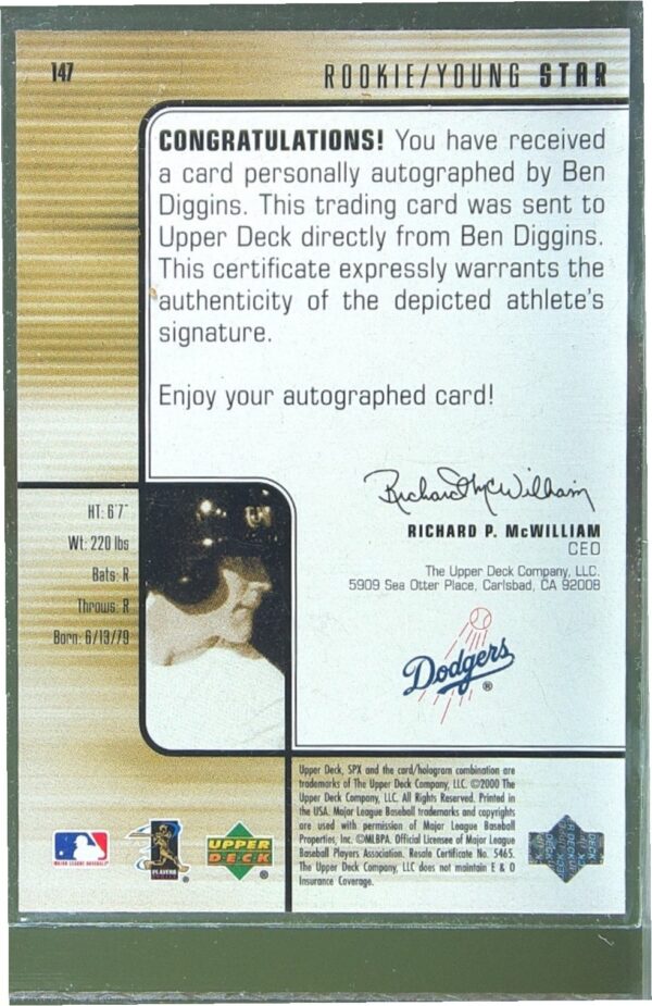 2000 SPx Ben Diggins Auto /1500 RC #147 Brewers - Image 3