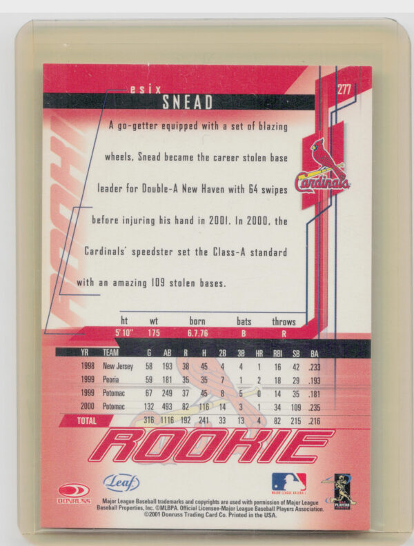 2001 Leaf Rookies & Stars Esix Snead AU #277 Cardinals Autographs - Image 3