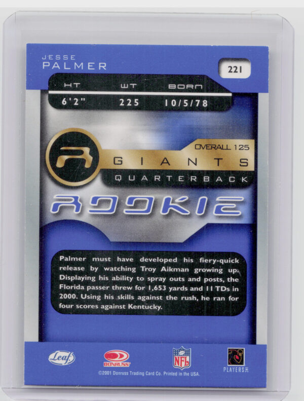 2001 Quantum Leaf Jesse Palmer RC #221 Giants - Image 3