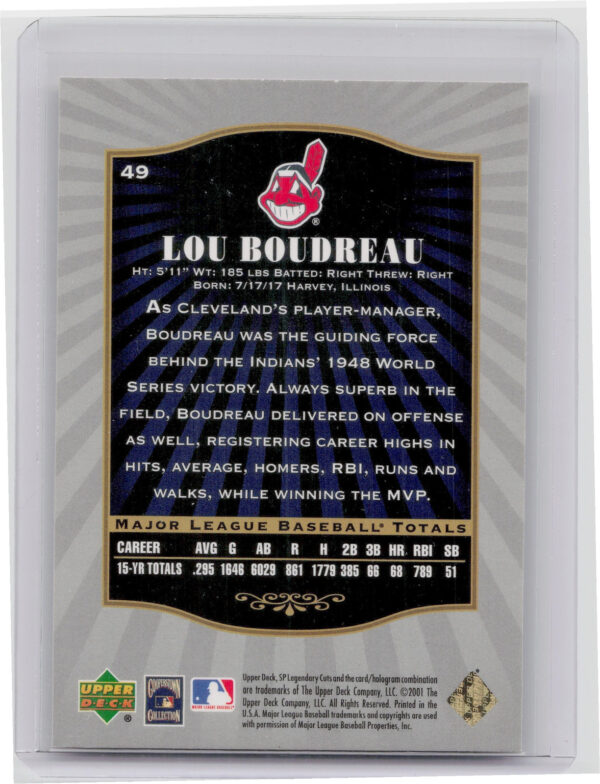 2001 SP Legendary Cuts Lou Boudreau #49 Indians - Image 3