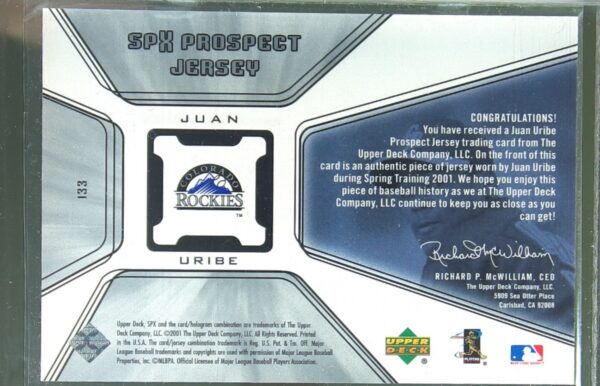 2001 SPx Juan Uribe RC JSY #133 Rockies - Image 3