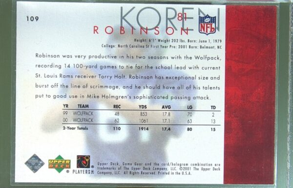 2001 UD Game Gear Koren Robinson /500 RC #109 Seahawks - Image 3