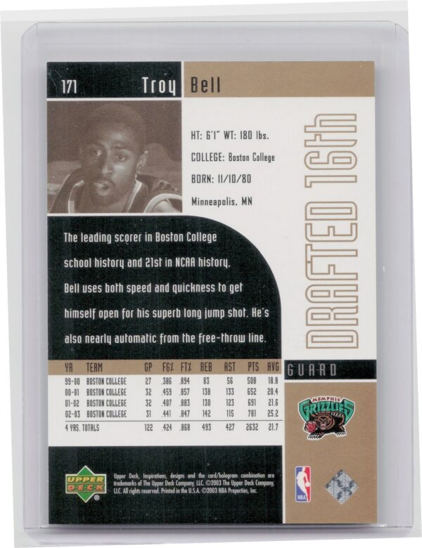 2002-03 Upper Deck Inspirations Troy Bell SN1499 #171 Grizzlies - Image 3