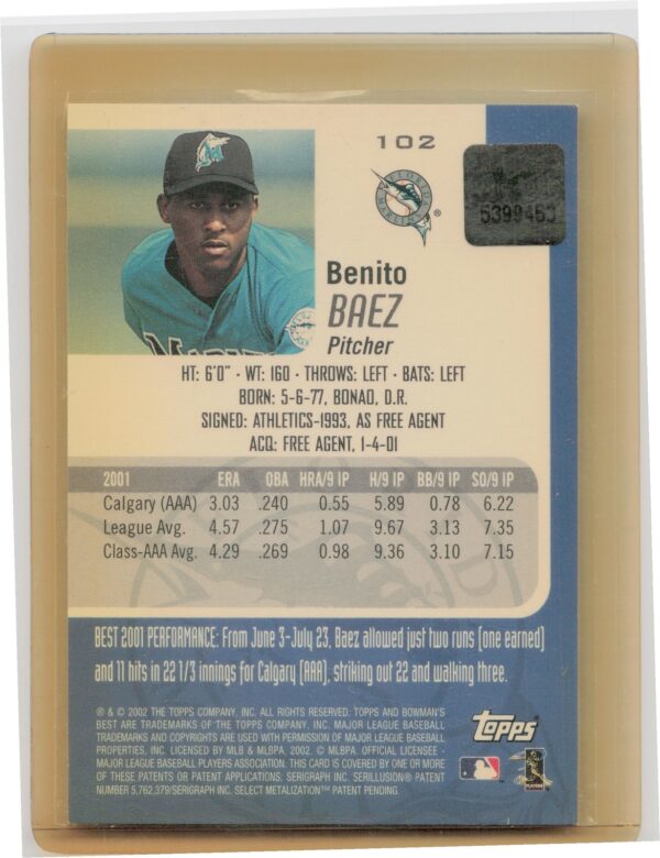 2002 Bowman's Best Benito Baez AU #102 Marlins - Image 3