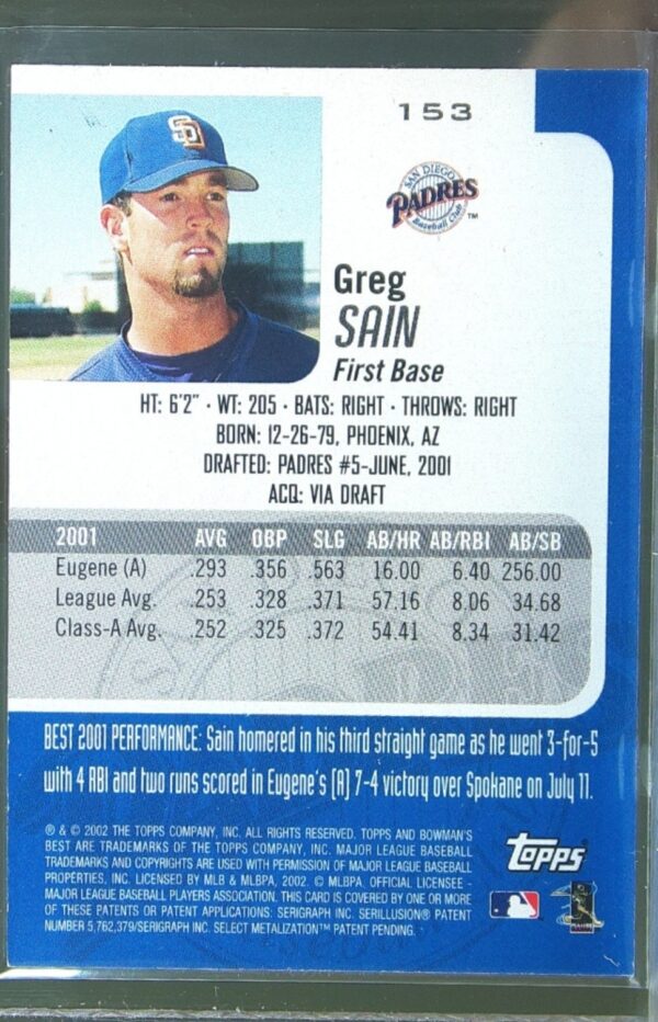 2002 Bowman's Best Greg Sain RC JSY #153 Padres - Image 3