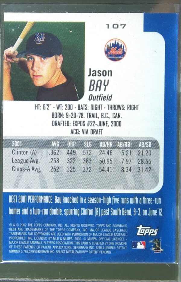 2002 Bowman's Best Jason Bay Blue JSY #107 Mets - Image 3