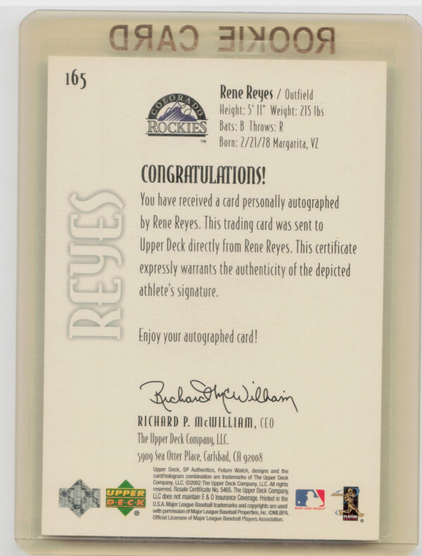 2002 SP Authentic Rene Reyes AU SN999 RC #165 Rockies - Image 3