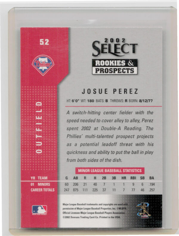 2002 Select Rookies & Prospects Josue Perez AU #52 Phillies - Image 3