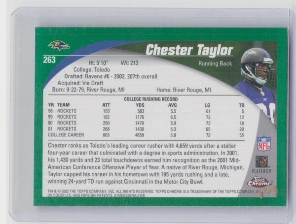 2002 Topps Chrome Chester Taylor RC #263 Ravens - Image 3