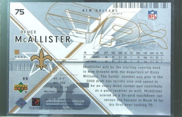 2002 Upper Deck SPx Deuce McAllister #75 Saints - Image 3
