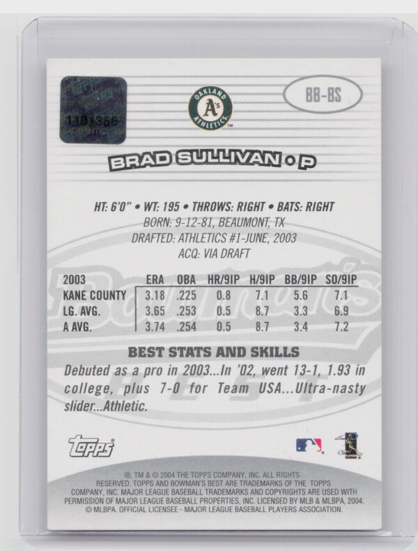 2004 Bowman's Best Brad Sullivan AU RC #BB-BS Athletics - Image 3