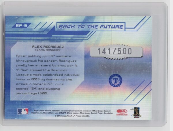 2004 Donruss Elite Alex Rodriguez /500 #BF-3 Rangers Back to the Future - Image 3