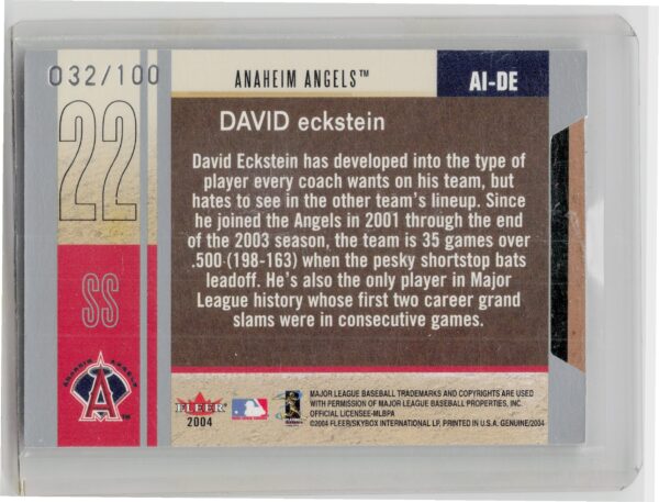 2004 Fleer Genuine Insider David Eckstein AU MEM SN100 #AI-DE Angels Autograph J - Image 3