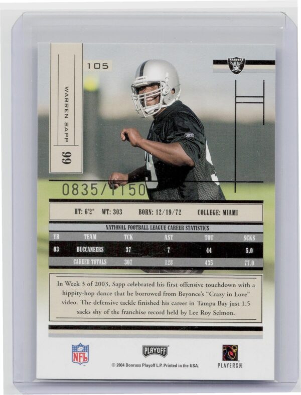 2004 Playoff Absolute Memorabilia Warren Sapp /1150 #105 Raiders - Image 3