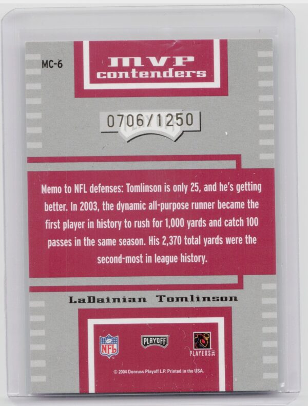 2004 Playoff Contenders LaDainian Tomlinson /1250 #MC-6 Chargers MVP Contenders - Image 3