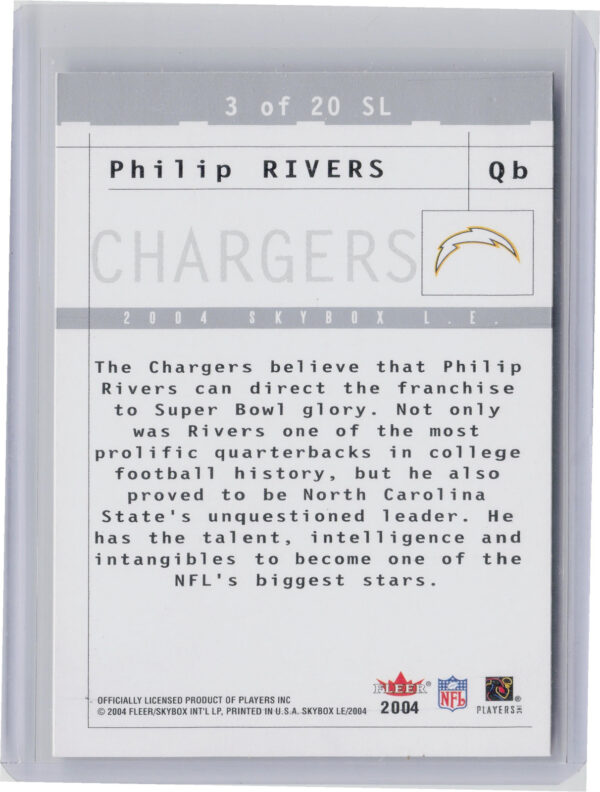 2004 SkyBox LE Philip Rivers #3 SL Chargers Sky's the Limit - Image 3