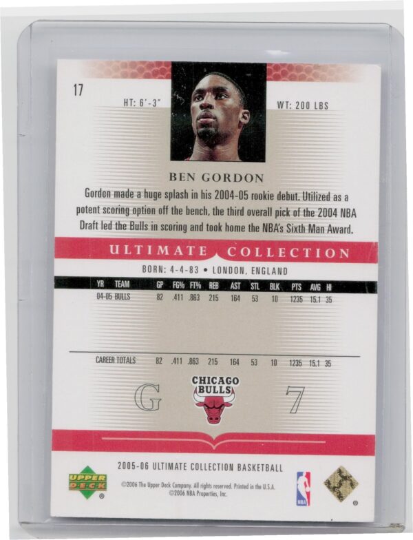 2005-06 Upper Deck Ultimate Collection Ben Gordon SN750 #17 Bulls - Image 3