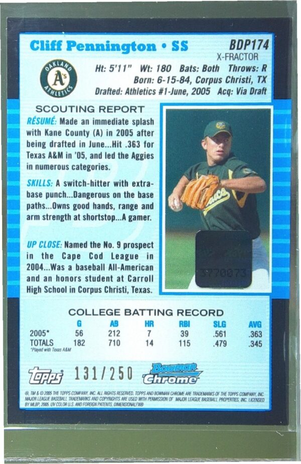 2005 Bowman Draft Picks & Prospects Cliff Pennington Chrome X Fractors Auto /250 - Image 3