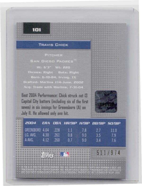 2005 Bowman's Best Travis Chick AU RC SN974 #101 Padres - Image 3
