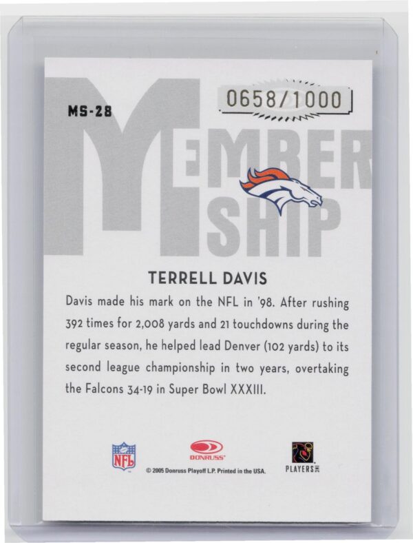 2005 Donruss Plaoff Terrell Davis Memvership /1000 #MS-28 Broncos - Image 3