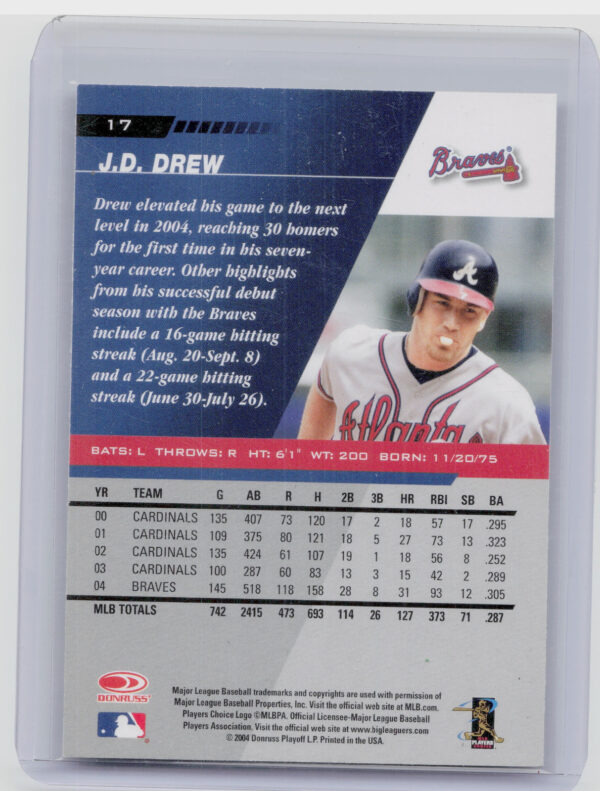 2005 Leaf J.D. Drew Press Proofs Red #17 Braves - Image 3
