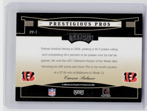 2005 Playoff Prestige Carson Palmer /500 #PP-7 Bengals Prestigious Pros Orange - Image 3