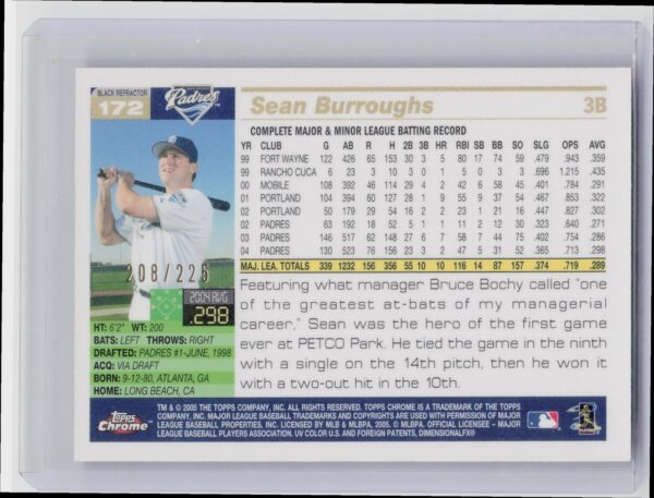 2005 Topps Chrome Sean Burroughs Black Refractors /225 #172 Padres - Image 3