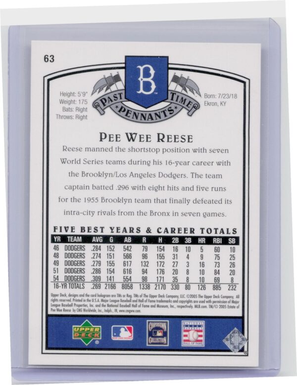 2005 UD Past Time Pennants Pee Wee Reese #63 Dodgers - Image 3