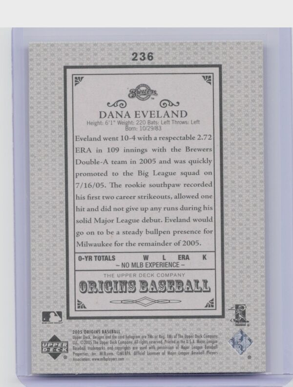 2005 Upper Deck Update Dana Eveland 2005 UD Origins Update Old Judge #236 Brewer - Image 3