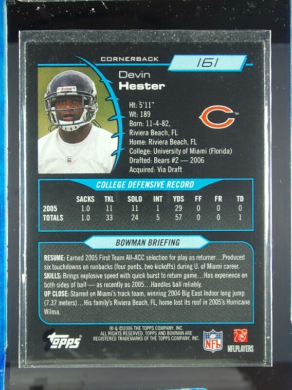 2006 Bowman Devin Hester RC #161 Bears - Image 3