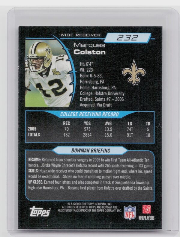 2006 Bowman Marques Colston RC #232 Saints - Image 3