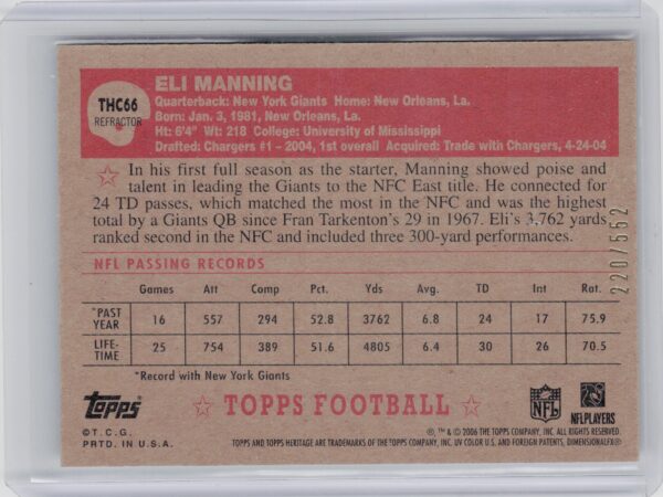 2006 Topps Heritage Eli Manning SN552 #THC66 Giants Chrome Refractors - Image 3