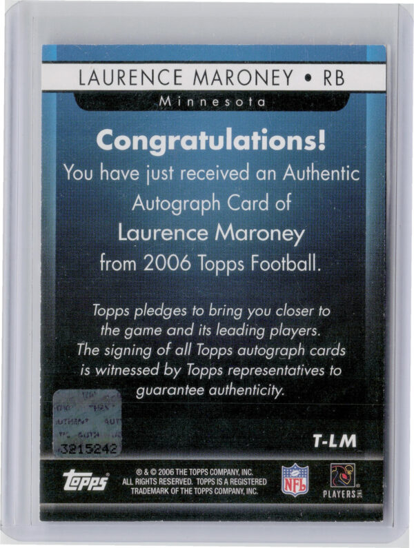 2006 Topps Laurence Maroney AU #T-LM Gophers Autographs - Image 3