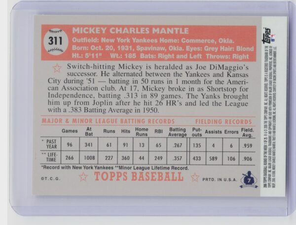 2006 Topps Mickey Mantle #1 Yankees Rookie of the Week - Image 3