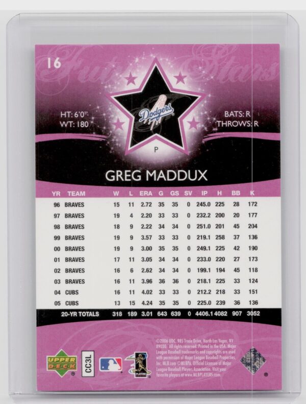 2006 Upper Deck Future Stars Greg Maddux Purple /1799 #16 Dodgers - Image 3