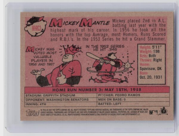 2007 Heritage Mickey Mantle #MHRC3 Yankees 1958 Home Run Champion Mickey Mantle - Image 3