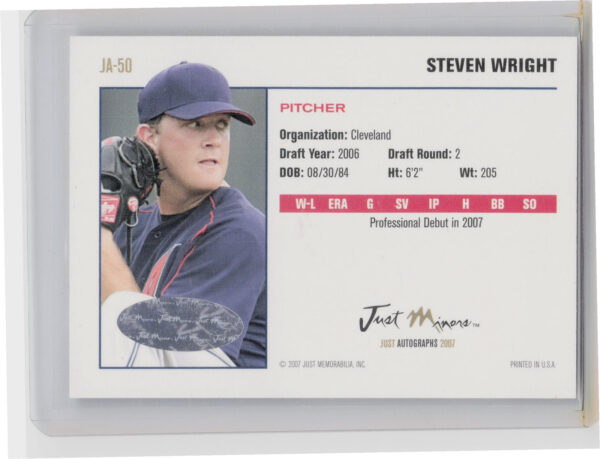 2007 Just Autographs Steven Wright AU #JA-50 Indians Signatures - Image 3