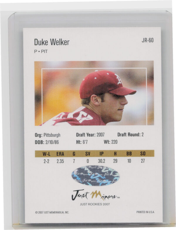 2007 Just Minors Just Rookies Duke Welker AU #JR-60 Pirates Autographs - Image 3