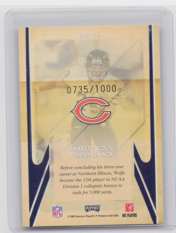 2007 Playoff Contenders Garrett Wolfe SN1000 #RRC-26 Bears Rookie Roll Call - Image 3