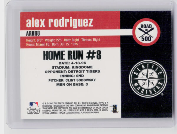 2007 Topps Alex Rodriguez #ARHR8 Mariners Alex Rodriguez: Road to 500 - Image 3
