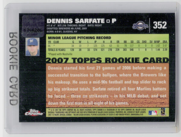 2007 Topps Chrome Dennis Sarfate AU #352 Brewers - Image 3