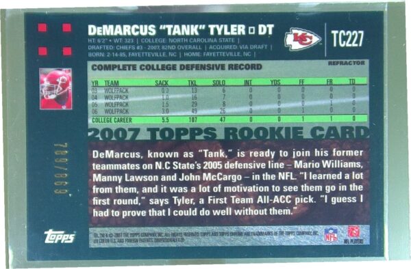 2007 Topps Chrome Tank Tyler White Refractors /869 #TC227 Chiefs - Image 3