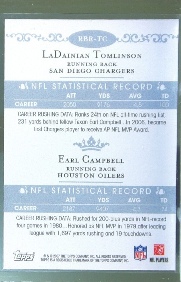 2007 Topps LaDainian Tomlinson / Earl Campbell #RBR-TC Running Back Royalty - Image 3