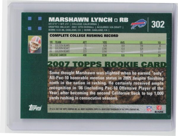 2007 Topps Marshawn Lynch RC #302 Bills - Image 3