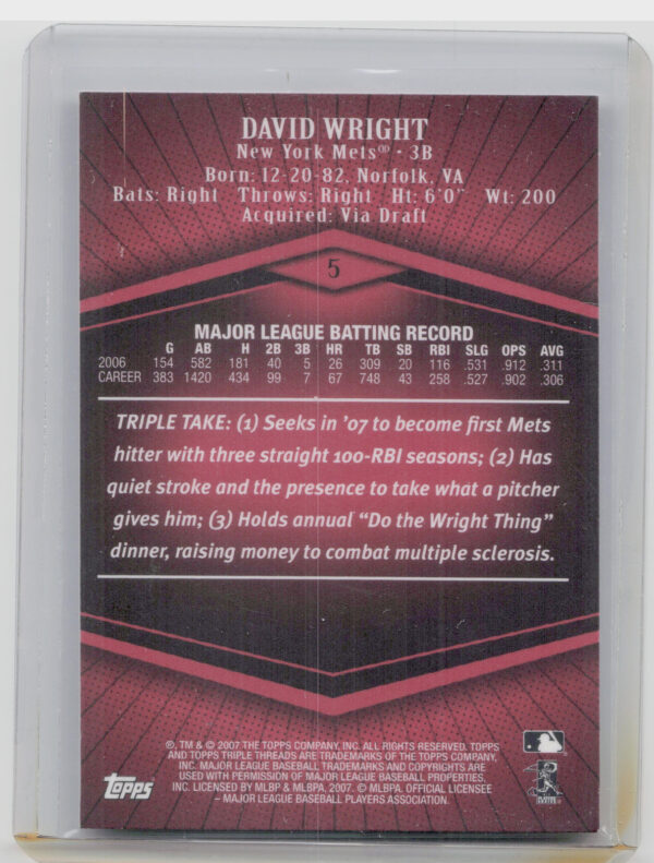 2007 Topps Triple Threads David Wright SN1350 #5 Mets - Image 3