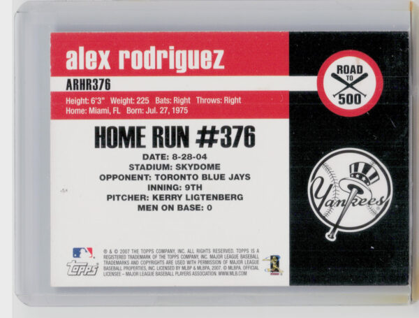 2007 Topps Updates & Highlights Alex Rodriguez #ARHR376 Yankees Alex Rodriguez: - Image 3