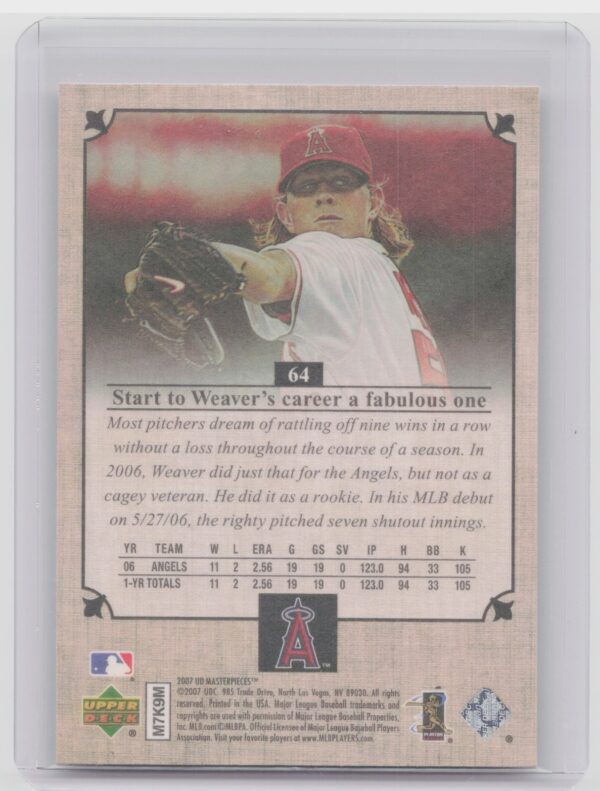 2007 Upper Deck Masterpieces Jered Weaver #64 Angels - Image 3