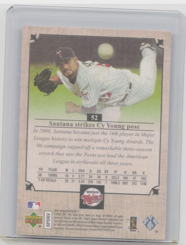 2007 Upper Deck Masterpieces Johan Santana #52 Twins - Image 3