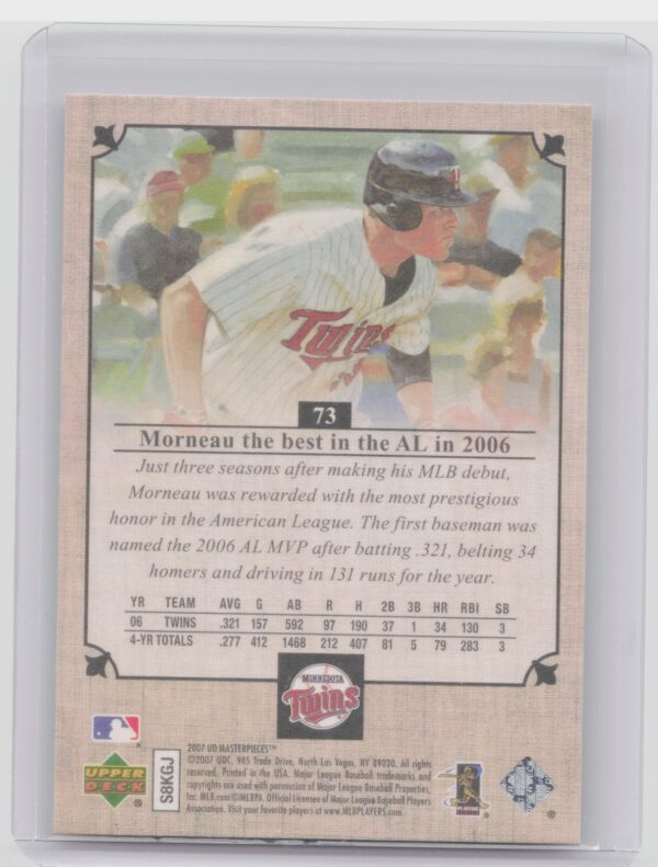 2007 Upper Deck Masterpieces Justin Morneau #73 Twins - Image 3