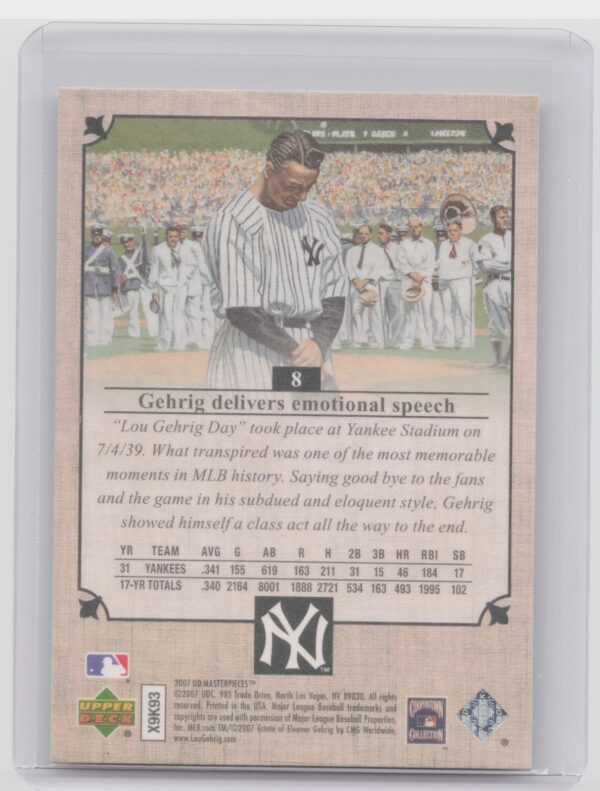 2007 Upper Deck Masterpieces Lou Gehrig #8 Yankees - Image 3